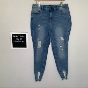 Wax Jeans Medium Wash Distressed High Rise Skinny Raw Hem Denim Size 16